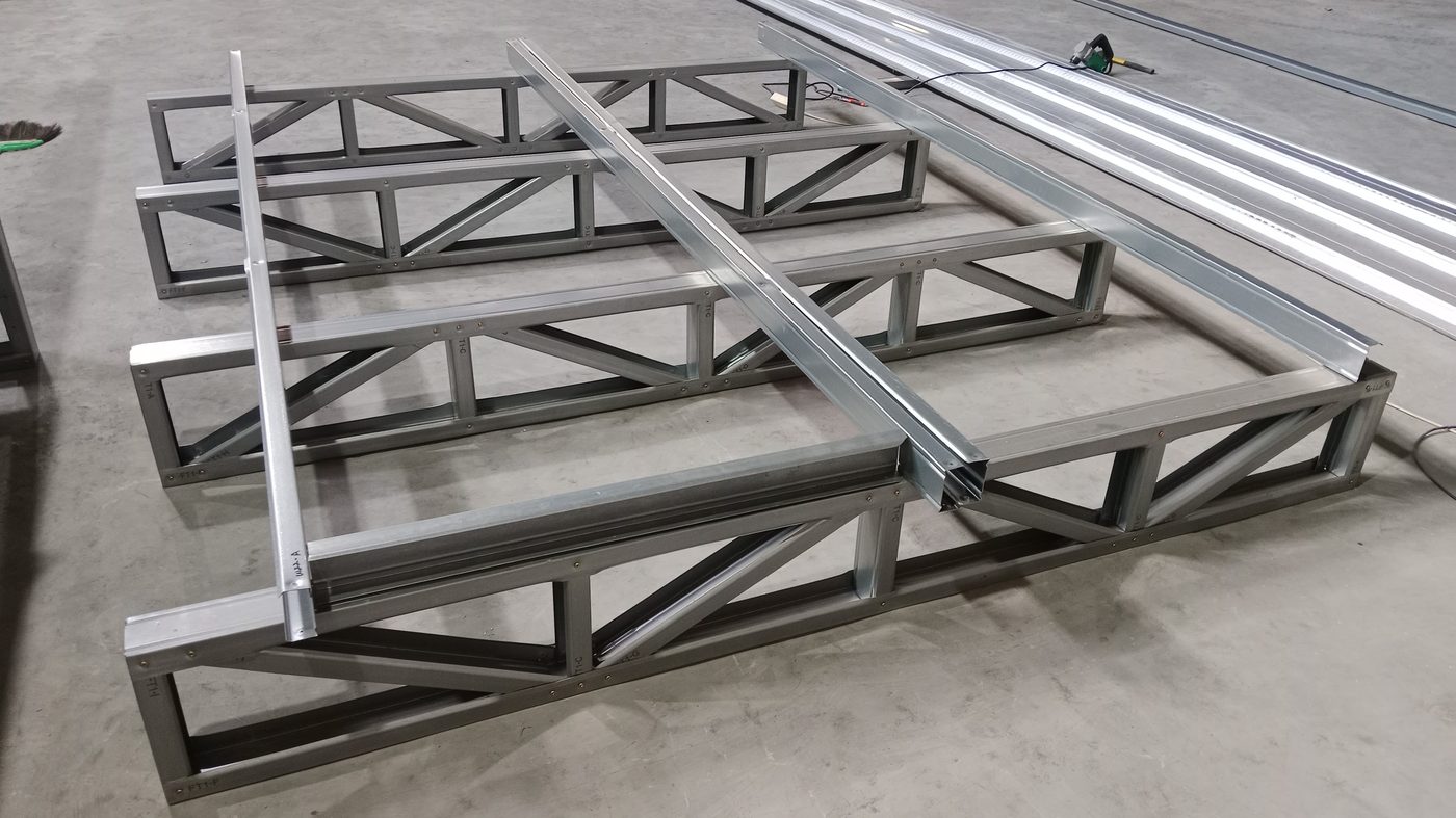 Prefabricated LGS floor cassettes on the factory floor