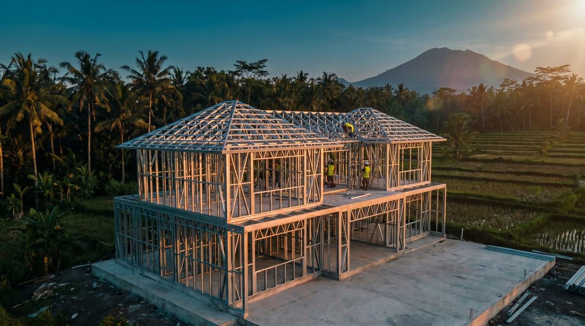 Two-storey LGS villa frame at golden hour