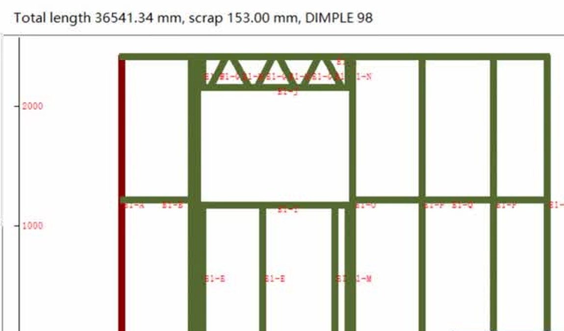 ILO wall panel engineering drawing from the roll-forming machine: 36,541 mm of steel framing with only 153 mm scrap